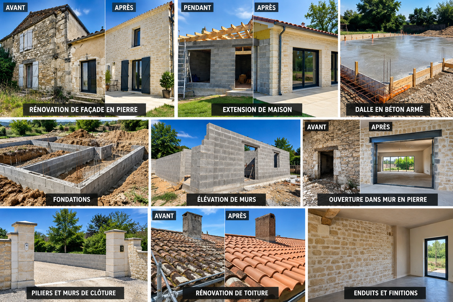 Réalisations de maçonnerie et rénovation, fondations, extension, toiture et finitions